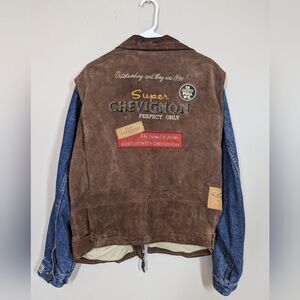 Vintage Chevignon Suede & Denim Jacket XXL – Embroidered Logo, Rare 80s/90s